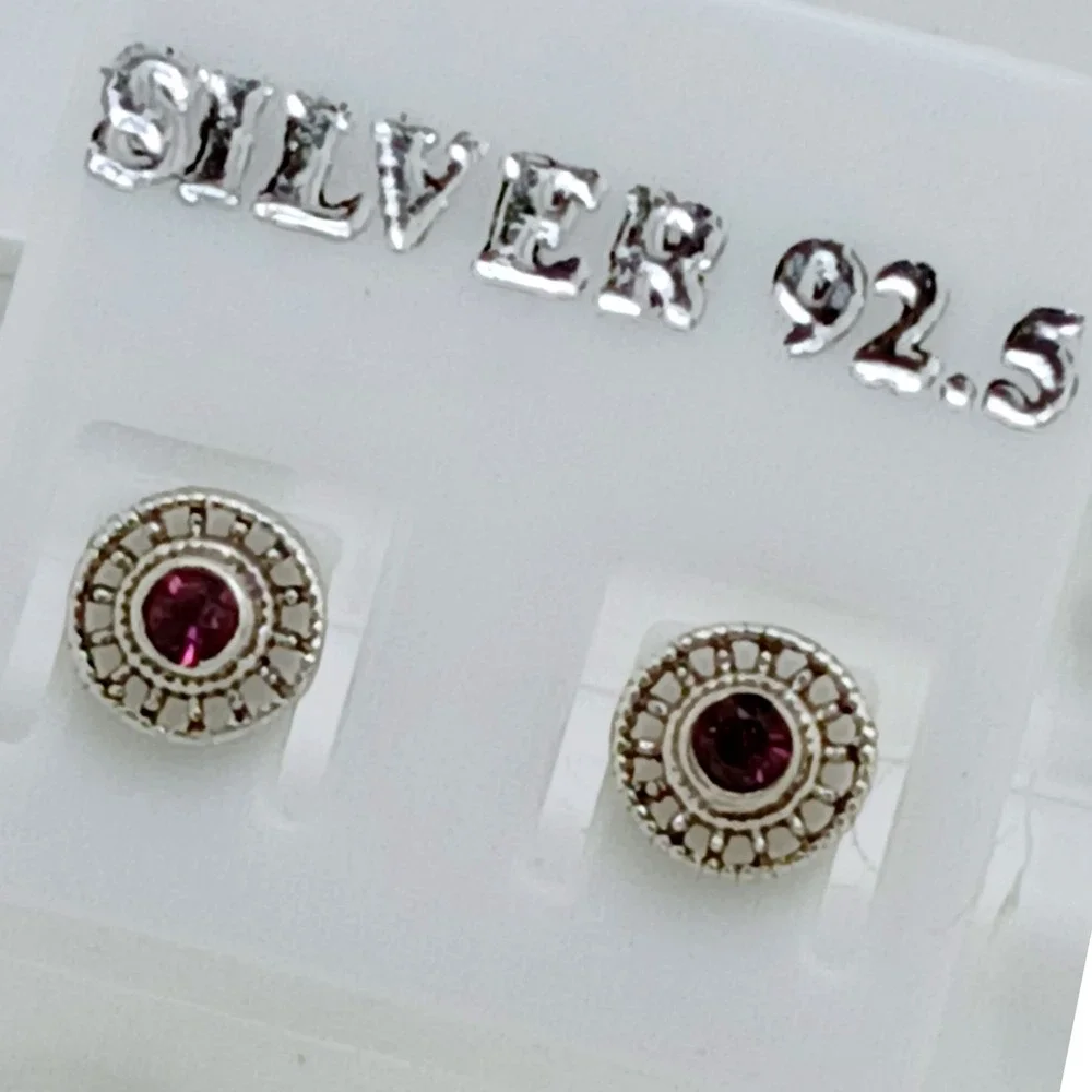 Vintage 925 Sterling Silver Crystal Sunburst‎ Round Stud Earrings Boho Sun Wheel